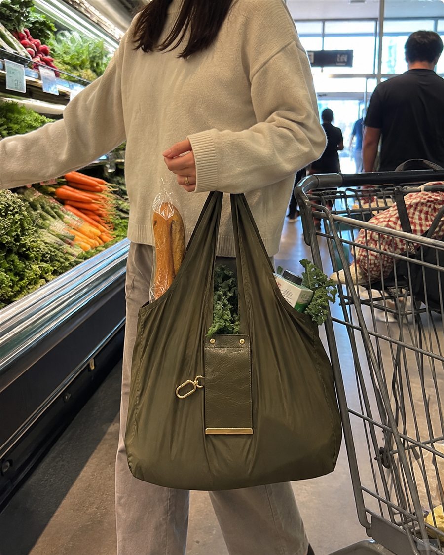 Olive tote reused for a shop