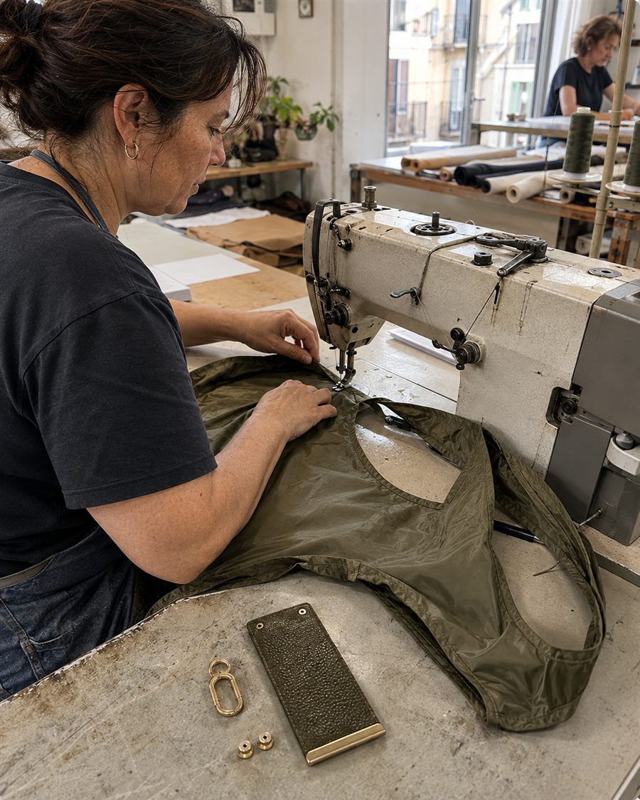 Tote sewn by hand in the workshop
